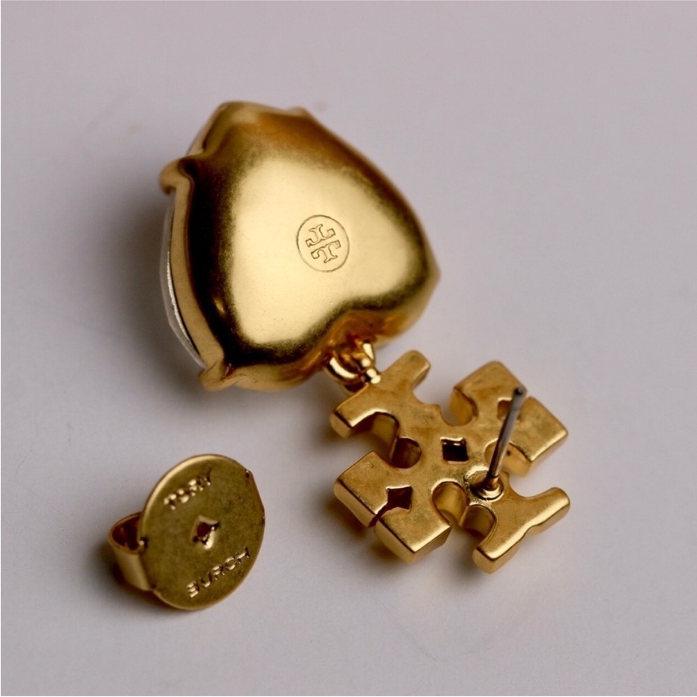 Tory Burch New Roxanne Crystal Brass Heart Drop Earrings - Picture 16 of 16